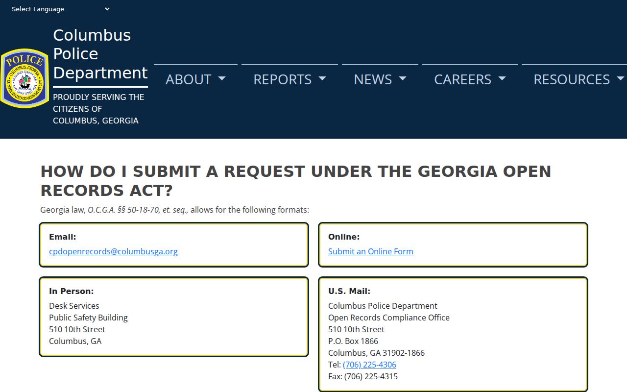 Columbus Police Department open records request information