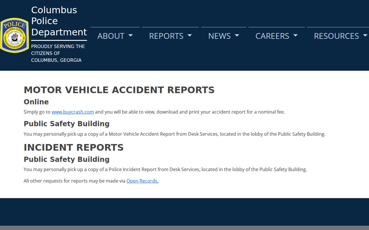 Columbus Police Department request a report options