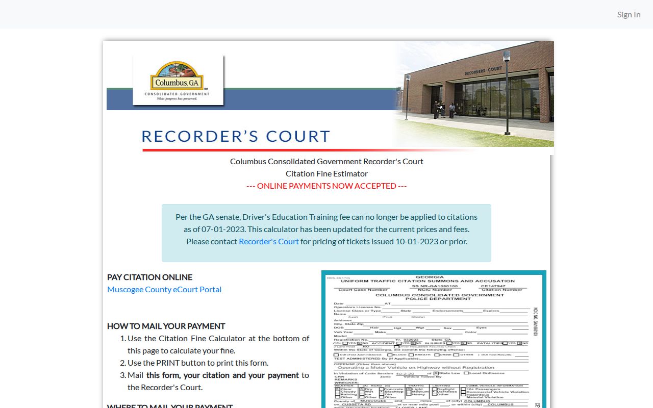 Columbus Recorder’s Court citation fine calculator